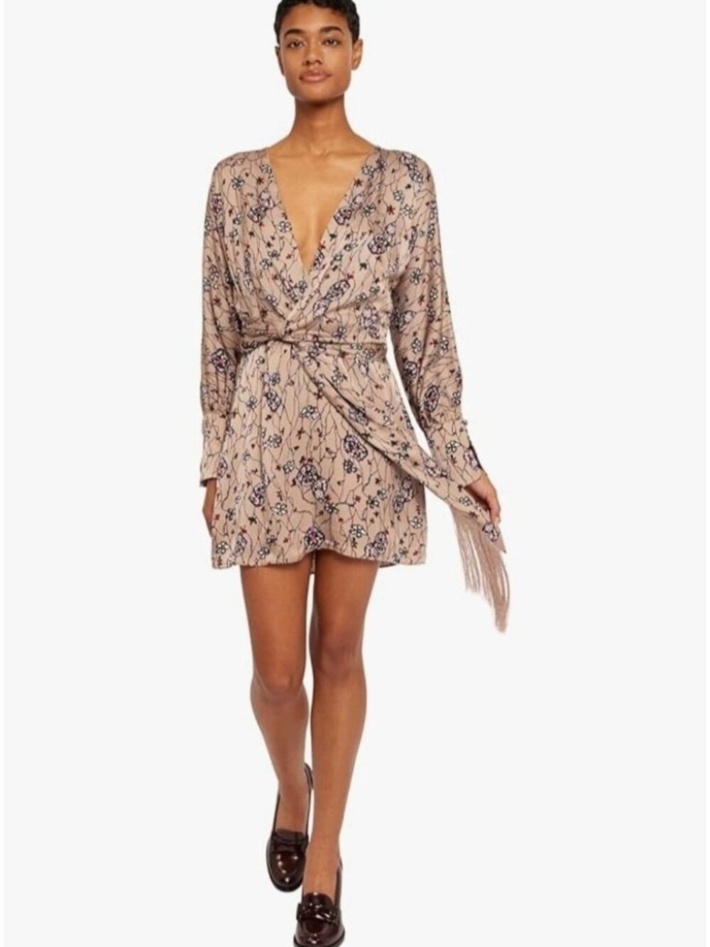 Joie Women's Size 6 Ronnie Dress in Natural Multi Faux Wrap Fringe Side Tie New